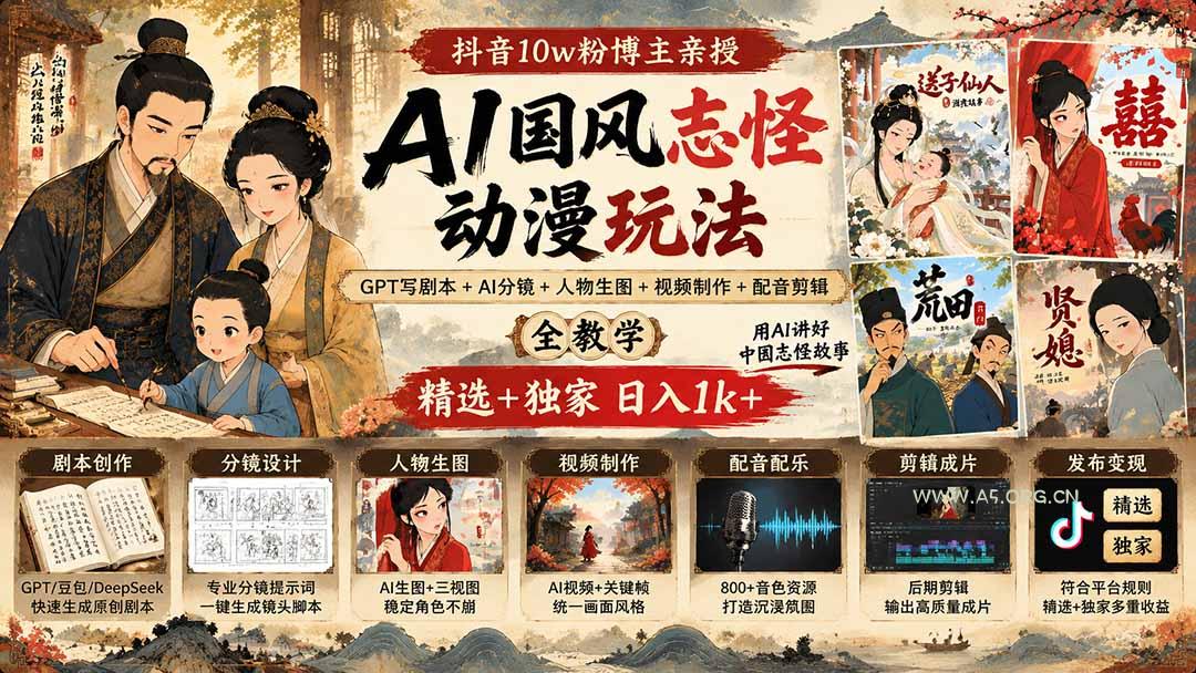 抖音10w粉博主亲授AI国风志怪动漫玩法|GPT写剧本+AI分镜+人物生图+视频制作+配音剪辑全教学|精选+独家日入1k+ - 小红泡 抖音10w粉博主亲授AI国风志怪动漫玩法|GPT写剧本+AI分镜+人物生图+视频制作+配音剪辑全教学|精选+独家日入1k+ - 小红泡