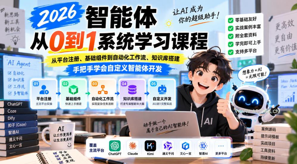 2026智能体从0到1系统学习课程,从平台注册、基础组件到自动化工作流、知识库搭建,手把手学会自定义智能体开发 - 小红泡 2026智能体从0到1系统学习课程,从平台注册、基础组件到自动化工作流、知识库搭建,手把手学会自定义智能体开发