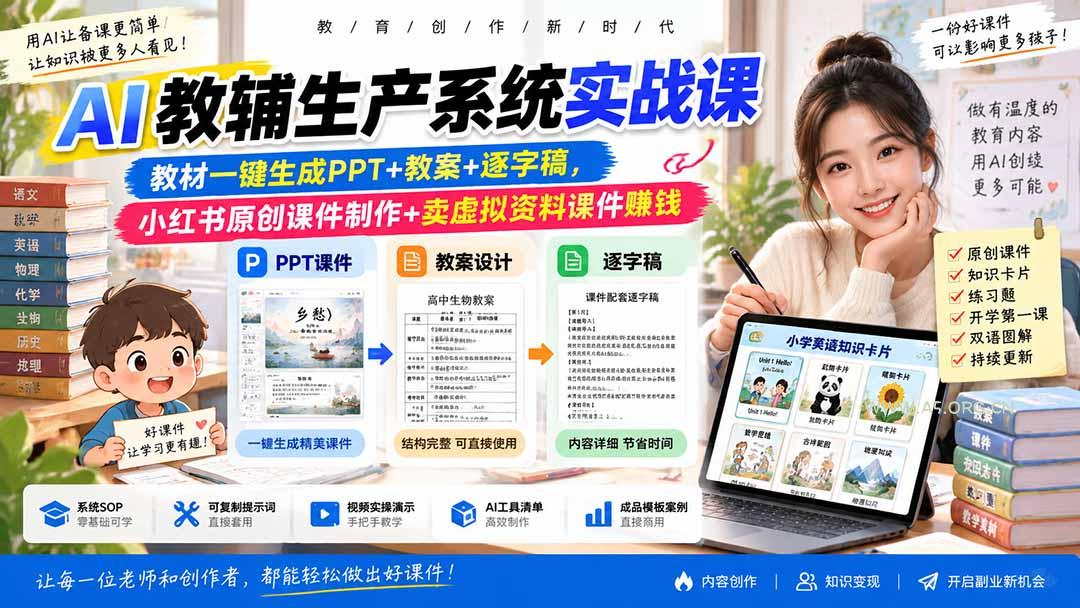AI教辅生产系统实战课|教材一键生成PPT+教案+逐字稿,小红书原创课件制作+卖虚拟资料课件赚钱 - 小红泡 AI教辅生产系统实战课|教材一键生成PPT+教案+逐字稿,小红书原创课件制作+卖虚拟资料课件赚钱 - 小红泡
