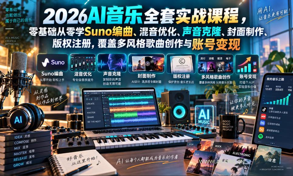 2026AI音乐实战课程,零基础从零学Suno编曲、混音优化、声音克隆、版权注册,覆盖多风格歌曲创作与账号变现 - 小红泡 2026AI音乐实战课程,零基础从零学Suno编曲、混音优化、声音克隆、版权注册,覆盖多风格歌曲创作与账号变现