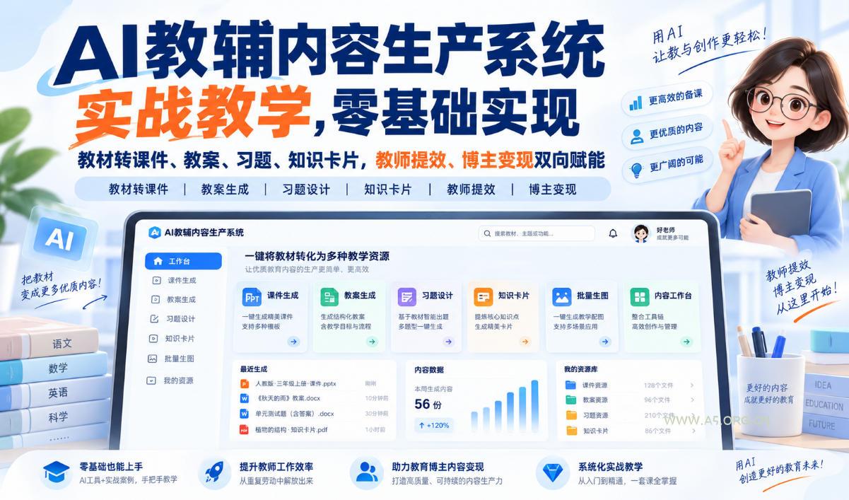 AI教辅内容生产系统实战教学,零基础实现教材转课件、教案、习题、知识卡片,教师提效、博主变现双向赋能 - 小红泡 AI教辅内容生产系统实战教学,零基础实现教材转课件、教案、习题、知识卡片,教师提效、博主变现双向赋能