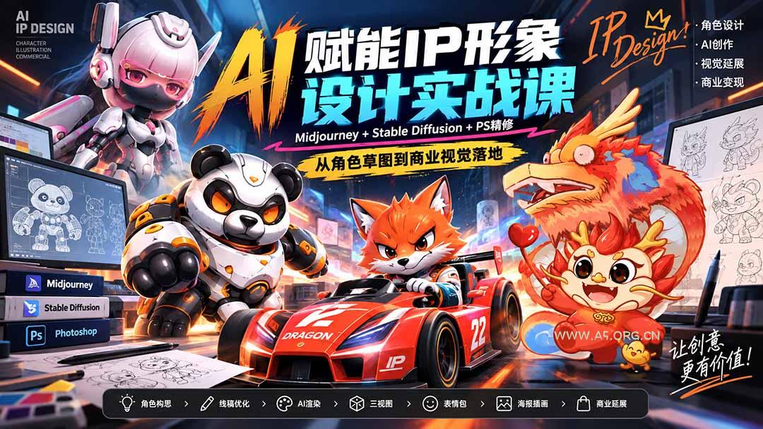 AI赋能IP形象设计实战课-无水印：Midjourney+Stable Diffusion+PS精修，从角色草图到商业视觉落地 - 小红泡