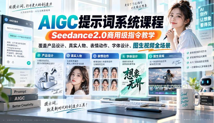 AIGC提示词系统课程，Seedance2.0商用级指令教学，覆盖产品设计、真实人物、表情动作、字体设计、图生视频全场景