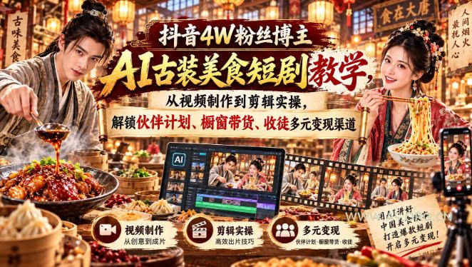 抖音4W粉丝博主AI古装美食短剧教学,从视频制作到剪辑实操,解锁伙伴计划、橱窗带货、收徒多元变现渠道 - 小红泡 抖音4W粉丝博主AI古装美食短剧教学,从视频制作到剪辑实操,解锁伙伴计划、橱窗带货、收徒多元变现渠道