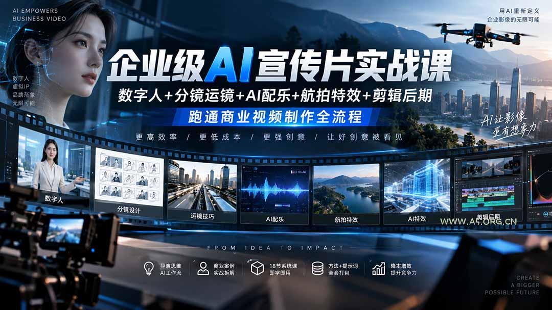 企业级AI宣传片实战课｜数字人+分镜运镜+AI配乐+航拍特效+剪辑后期，跑通商业视频制作全流程 - 小红泡