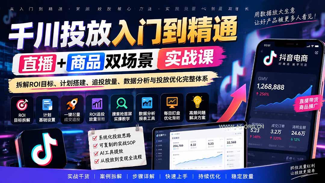千川投放入门到精通实战课｜直播+商品双场景拆解ROI目标、计划搭建、追投放量、数据分析与投放优化完整体系 - 小红泡