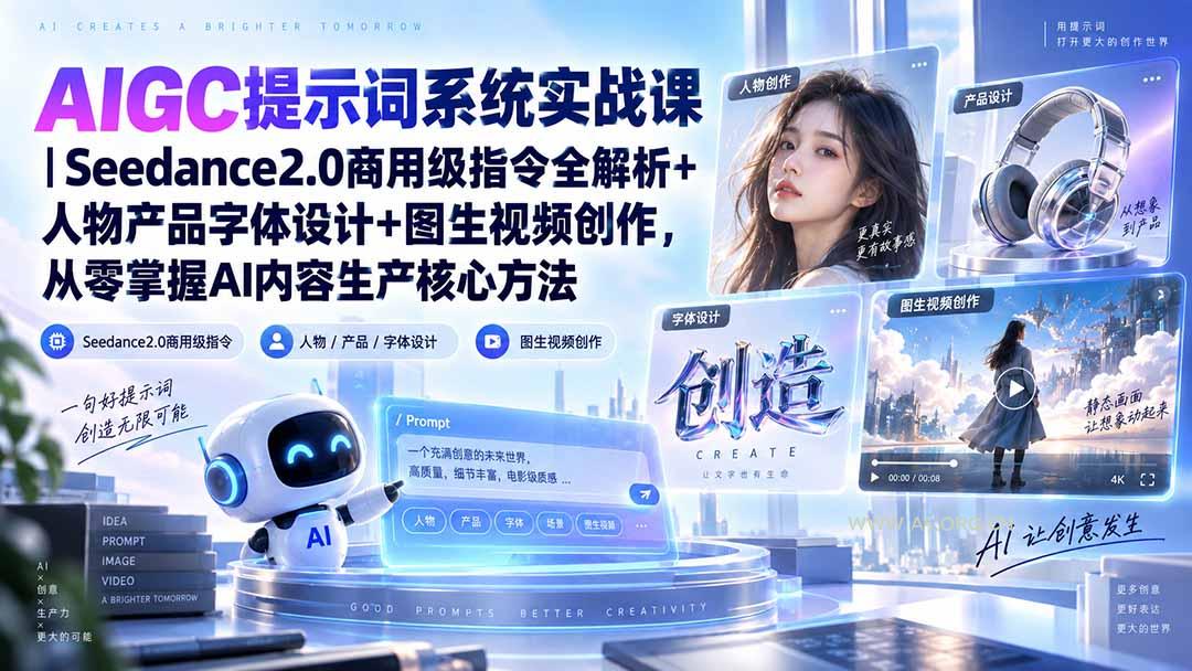 AIGC提示词系统实战课-无水印｜Seedance2.0商用级指令全解析+人物产品字体设计+图生视频创作，掌握AI内容生产方法 - 小红泡