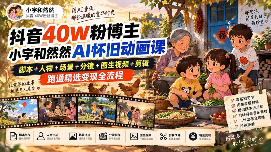 抖音40W粉博主小宇和然然AI怀旧动画课｜脚本+人物+场景+分镜+图生视频+剪辑，跑通精选变现全流程 - 小红泡