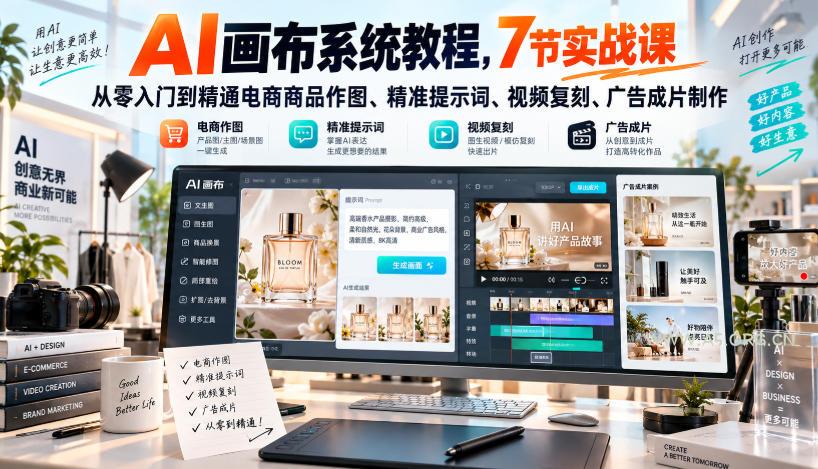 AI画布系统教程,7节实战课从零入门到精通电商商品作图、精准提示词、视频复刻、广告成片制作 - 小红泡 AI画布系统教程,7节实战课从零入门到精通电商商品作图、精准提示词、视频复刻、广告成片制作