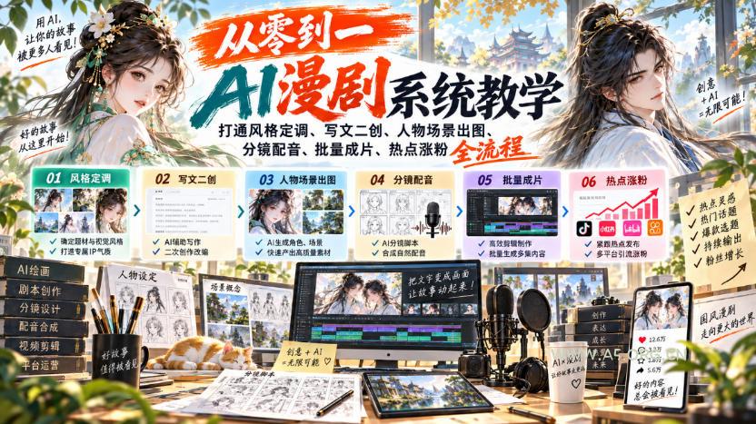 从零到一AI漫剧系统教学,打通风格定调、写文二创、人物场景出图、分镜配音、批量成片、热点涨粉全流程 - 小红泡 从零到一AI漫剧系统教学,打通风格定调、写文二创、人物场景出图、分镜配音、批量成片、热点涨粉全流程