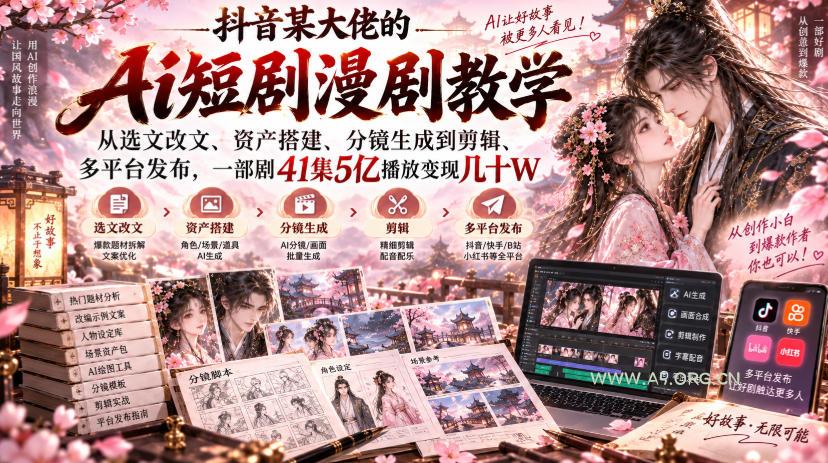 抖音某大佬的Ai短剧漫剧教学，从选文改文、资产搭建、分镜生成到剪辑、多平台发布，一部剧41集5亿播放变现几十W