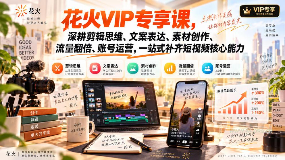 花火VIP专享课,深耕剪辑思维、文案表达、素材创作、流量翻倍、账号运营,一站式补齐短视频核心能力 - 小红泡 花火VIP专享课,深耕剪辑思维、文案表达、素材创作、流量翻倍、账号运营,一站式补齐短视频核心能力
