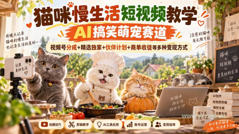 猫咪慢生活短视频教学,AI搞笑萌宠赛道,视频号分成+精选独家+伙伴计划+商单收徒等多种变现方式 - 小红泡 猫咪慢生活短视频教学,AI搞笑萌宠赛道,视频号分成+精选独家+伙伴计划+商单收徒等多种变现方式