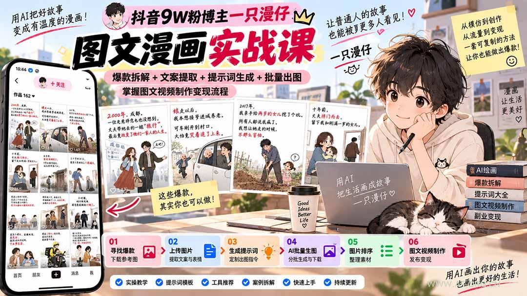 抖音9W粉博主一只漫仔图文漫画课:爆款拆解+文案提取+提示词生成+批量出图,掌握图文视频制作变现流程 - 小红泡 抖音9W粉博主一只漫仔图文漫画课:爆款拆解+文案提取+提示词生成+批量出图,掌握图文视频制作变现流程 - 小红泡