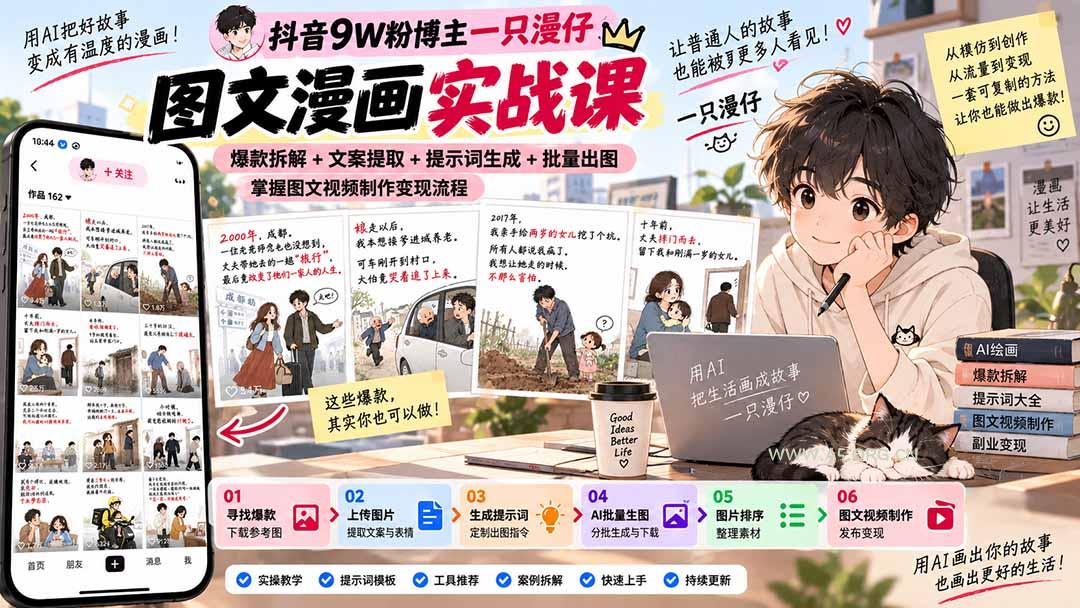 抖音9W粉博主一只漫仔图文漫画课：爆款拆解+文案提取+提示词生成+批量出图，掌握图文视频制作变现流程 - 小红泡