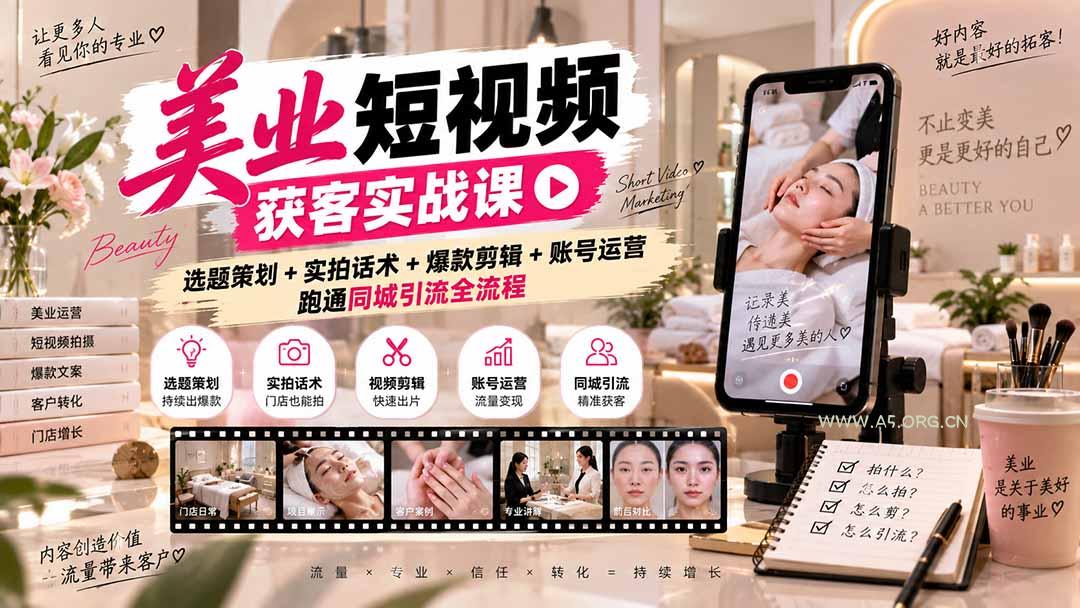 美业短视频获客实战课-无水印：选题策划+实拍话术+爆款剪辑+账号运营，跑通同城引流全流程 - 小红泡