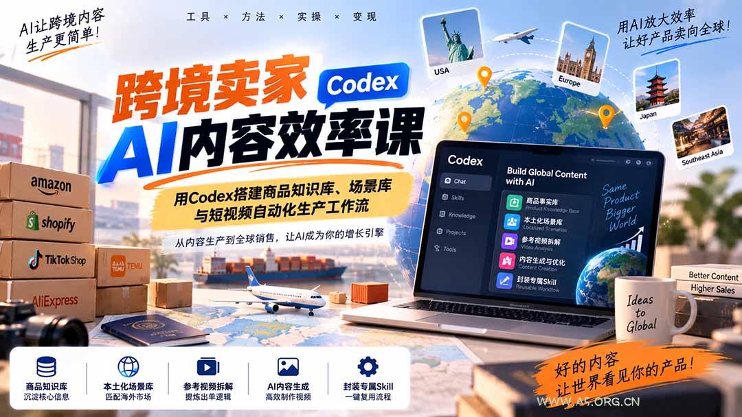 跨境卖家AI内容效率课：用Codex搭建商品知识库、场景库与短视频自动化生产工作流 - 小红泡