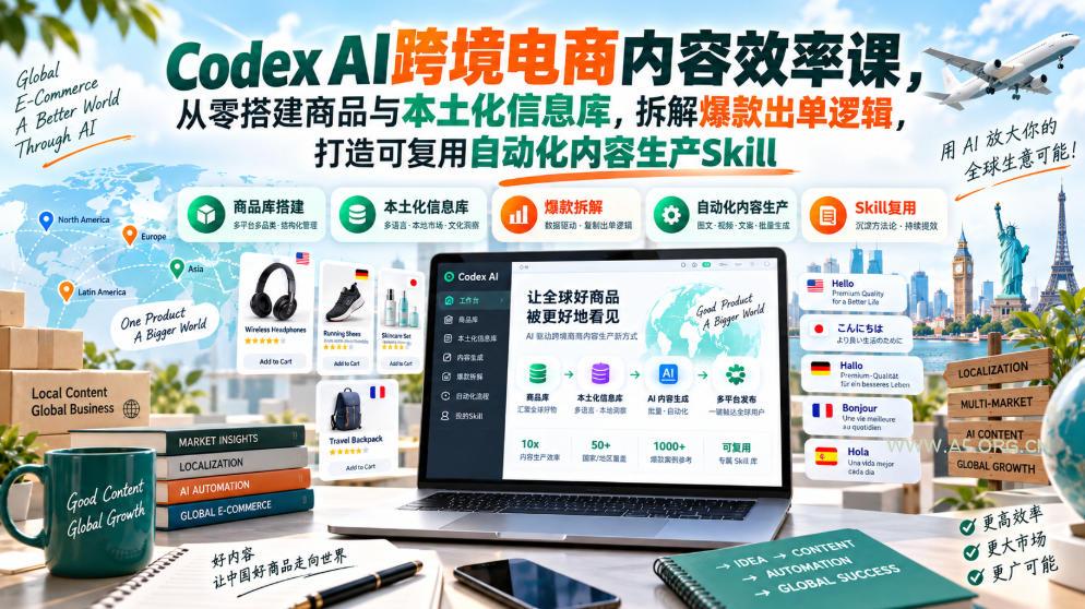 Codex AI跨境电商内容效率课,从零搭建商品与本土化信息库,拆解爆款出单逻辑,打造可复用自动化内容生产Skill - 小红泡 Codex AI跨境电商内容效率课,从零搭建商品与本土化信息库,拆解爆款出单逻辑,打造可复用自动化内容生产Skill