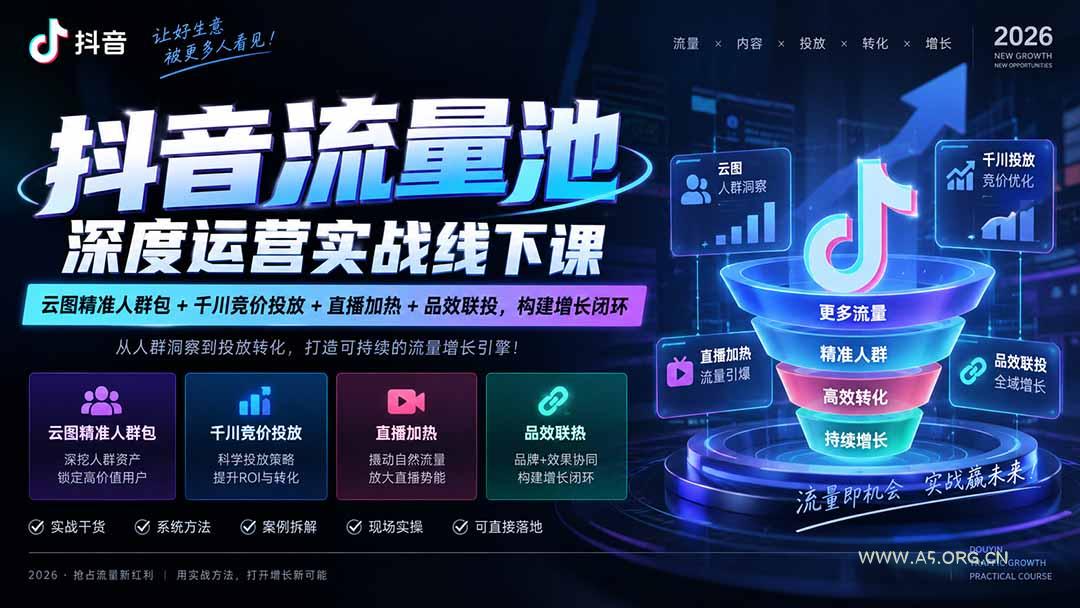 抖音流量池深度运营实战线下课｜云图精准人群包+千川竞价投放+直播加热+品效联投，构建增长闭环 - 小红泡