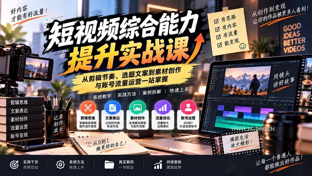短视频综合能力提升实战课：从剪辑节奏、选题文案到素材创作与账号流量运营一站掌握 - 小红泡