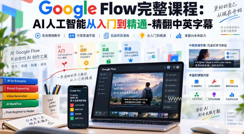 【无水印】Google Flow完整课程:AI人工智能从入门到精通-精翻中英字幕 - 小红泡 【无水印】Google Flow完整课程:AI人工智能从入门到精通-精翻中英字幕