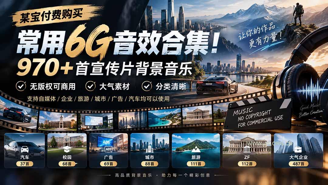 某宝付费购买，常用6G音效合集！970+首宣传片背景音乐，无版权可商用大气素材，分类清晰 - 小红泡