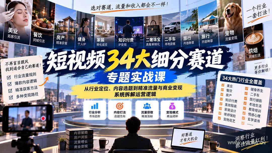 短视频34大细分赛道专题实战课:从行业定位、内容选题到精准流量与商业变现,系统拆解运营逻辑 - 小红泡 短视频34大细分赛道专题实战课:从行业定位、内容选题到精准流量与商业变现,系统拆解运营逻辑 - 小红泡