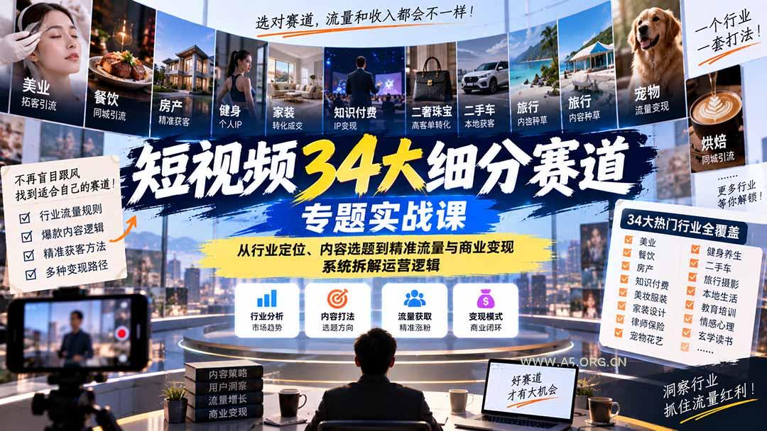 短视频34大细分赛道专题实战课：从行业定位、内容选题到精准流量与商业变现，系统拆解运营逻辑 - 小红泡