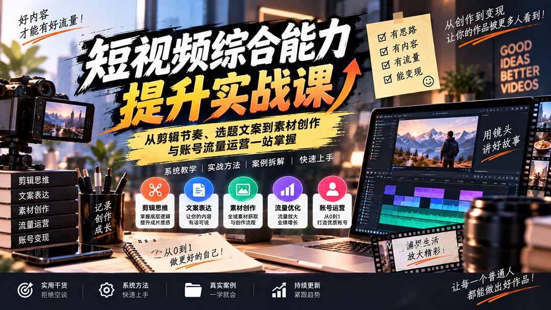 短视频综合能力提升实战课:从剪辑节奏、选题文案到素材创作与账号流量运营一站掌握 - 小红泡 短视频综合能力提升实战课:从剪辑节奏、选题文案到素材创作与账号流量运营一站掌握 - 小红泡