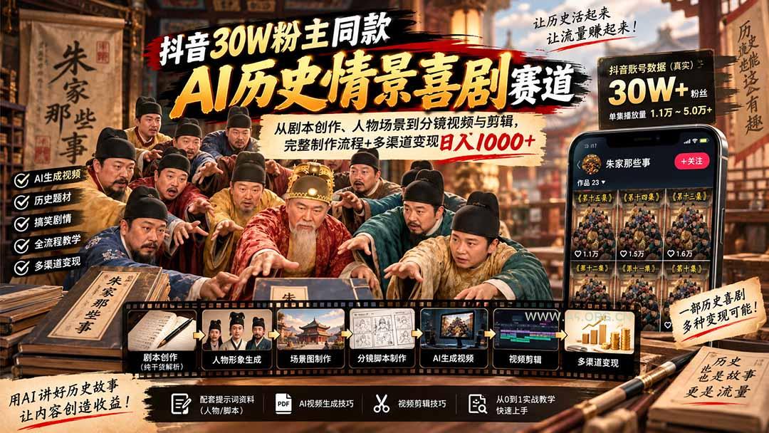 抖音30W粉博主同款AI历史情景喜剧赛道：从剧本创作、人物场景到分镜视频与剪辑，完整制作流程+多渠道变现日入1000+ - 小红泡