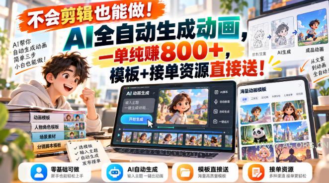 不会剪辑也能做！AI全自动生成动画，一单纯賺800+，模板+接单资源直接送！【揭秘】