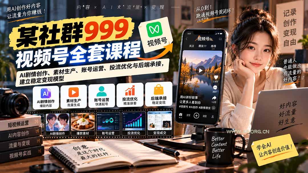 【无水印】某社群999视频号全套课程：AI剧情创作、素材生产、账号运营、投流优化与后端承接，建立稳定变现模型 - 小红泡