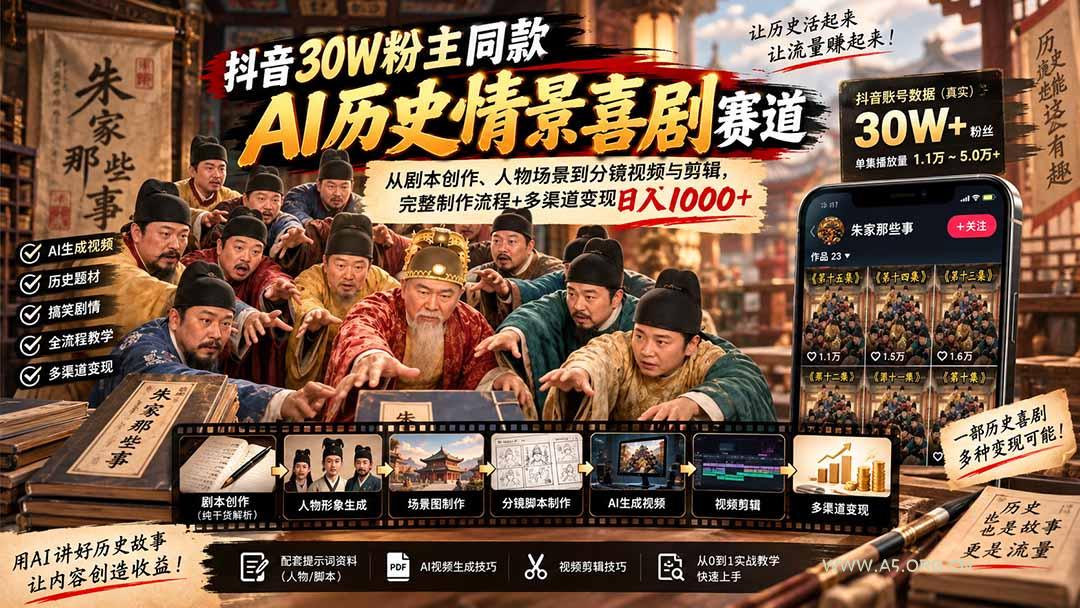 抖音30W粉博主同款AI历史情景喜剧赛道:从剧本创作、人物场景到分镜视频与剪辑,完整制作流程+多渠道变现日入1000+ - 小红泡 抖音30W粉博主同款AI历史情景喜剧赛道:从剧本创作、人物场景到分镜视频与剪辑,完整制作流程+多渠道变现日入1000+ - 小红泡