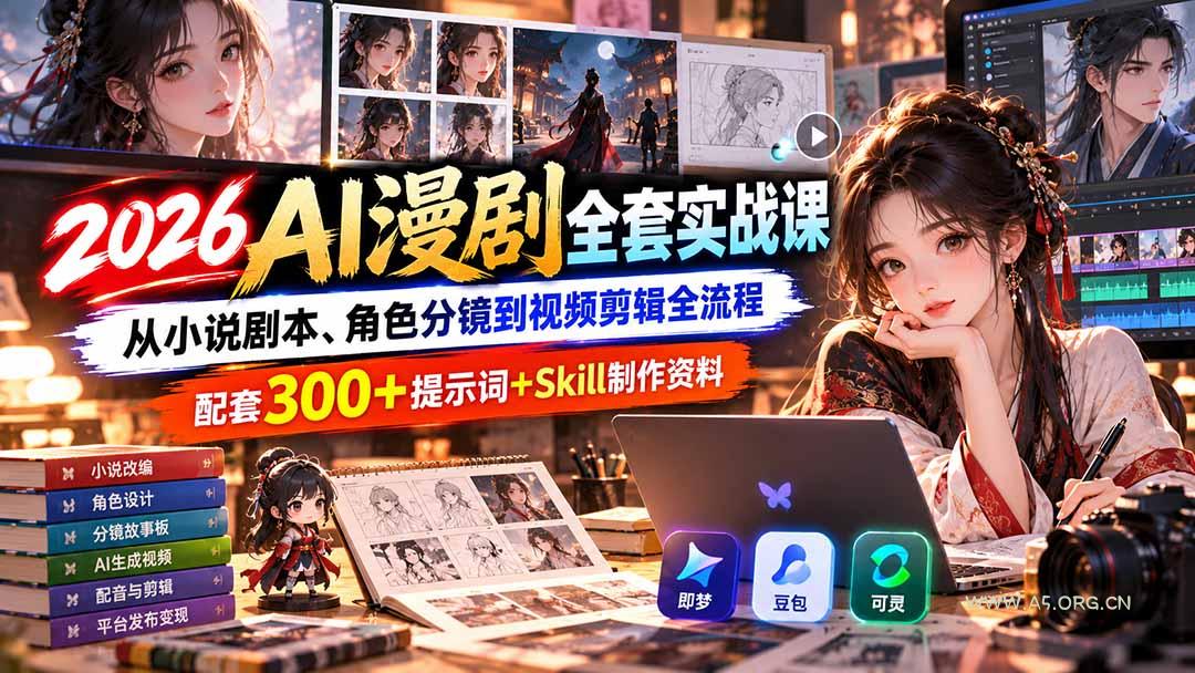【无水印】2026AI漫剧全套实战课：从小说剧本、角色分镜到视频剪辑全流程，配套300+提示词+Skill制作资料 - 小红泡