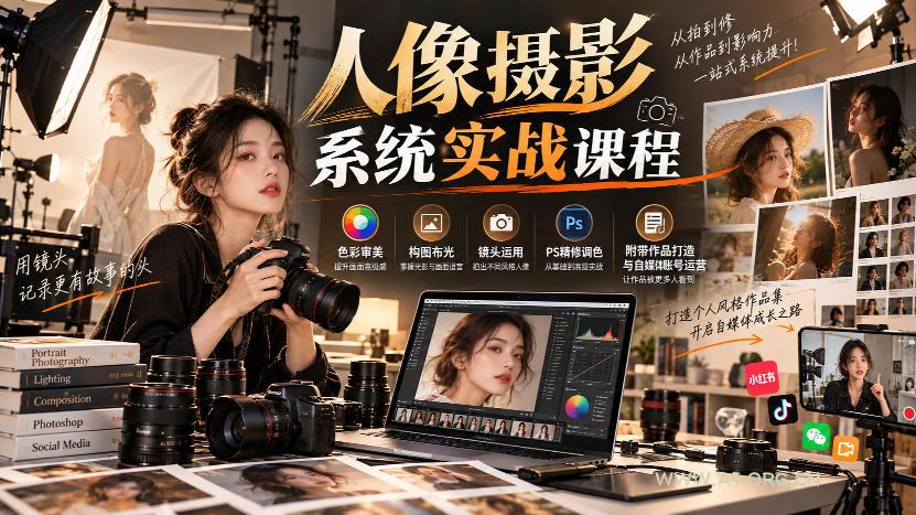 【无水印】人像摄影系统实战课程，色彩审美、构图布光、镜头运用、PS精修调色，附带作品打造与自媒体账号运营