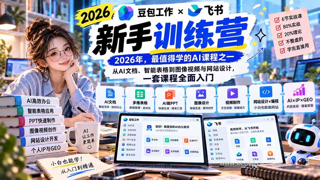 2026豆包工作+飞书新手训练营-9月新课:从AI文档、智能表格到图像视频与网站设计,一套课程全面入门 - 小红泡 2026豆包工作+飞书新手训练营-9月新课:从AI文档、智能表格到图像视频与网站设计,一套课程全面入门 - 小红泡