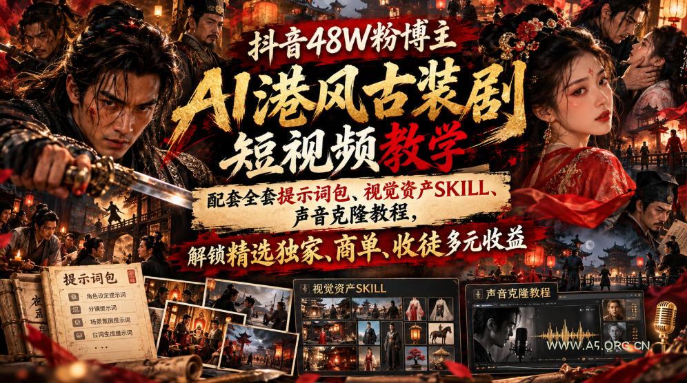 抖音48W粉博主AI港风古装剧短视频教学，配套全套提示词包、视觉资产SKILL、声音克隆教程，解锁精选独家、商单、收徒多元收益