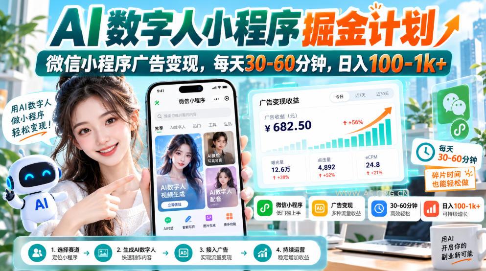 【无水印】AI数字人小程序掘金计划，微信小程序广告变现，每天30‑60分钟，日入100‑1k+