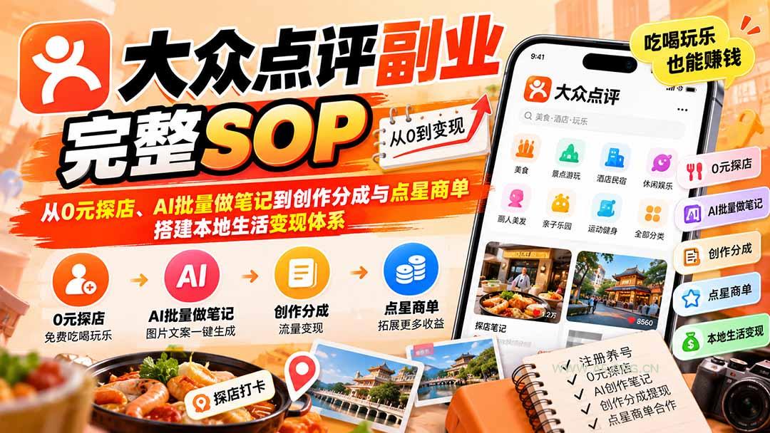 【无水印】大众点评副业完整SOP：从0元探店、AI批量做笔记到创作分成与点星商单，搭建本地生活变现体系 - 小红泡