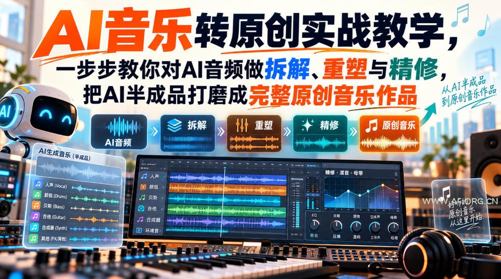 AI音乐转原创实战教学,一步步教你对AI音频做拆解、重塑与精修,把AI半成品打磨成完整原创音乐作品 - 小红泡 AI音乐转原创实战教学,一步步教你对AI音频做拆解、重塑与精修,把AI半成品打磨成完整原创音乐作品