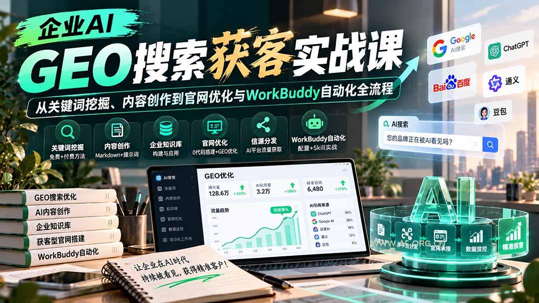 企业AI GEO搜索获客实战课：从关键词挖掘、内容创作到官网优化与WorkBuddy自动化全流程 - 小红泡