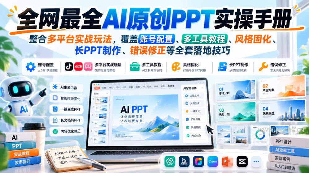 全网最全AI原创PPT实操手册，整合多平台实战玩法，覆盖账号配置、多工具教程、风格固化、长PPT制作、错误修正等全套落地技巧
