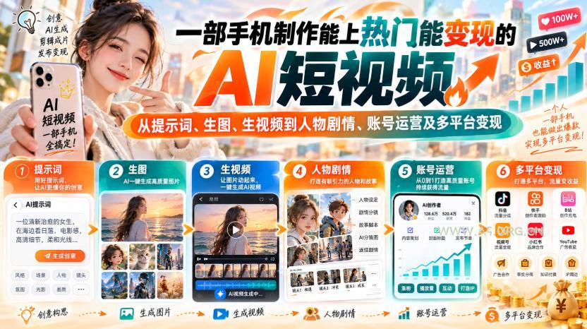 【无水印】一部手机制作能上热门能变现的AI短视频,从提示词、生图、生视频到人物剧情、账号运营及多平台变现 - 小红泡 【无水印】一部手机制作能上热门能变现的AI短视频,从提示词、生图、生视频到人物剧情、账号运营及多平台变现