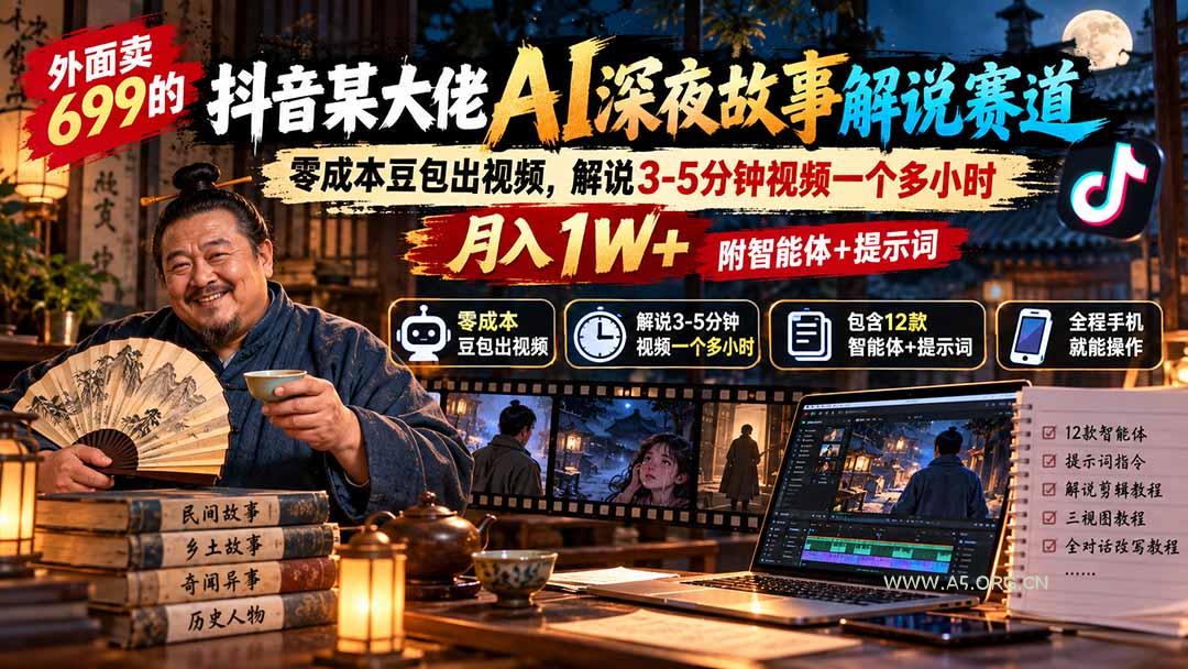 外面卖699的抖音某大佬AI深夜故事解说赛道：零成本豆包出视频，解说3-5分钟视频一个多小时，月入1W+附智能体+提示词 - 小红泡