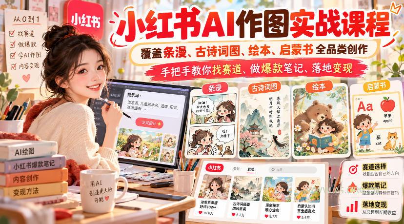 小红书AI作图实战课程,覆盖条漫、古诗词图、绘本、启蒙书全品类创作,手把手教你找赛道、做爆款笔记、落地变现 - 小红泡 小红书AI作图实战课程,覆盖条漫、古诗词图、绘本、启蒙书全品类创作,手把手教你找赛道、做爆款笔记、落地变现