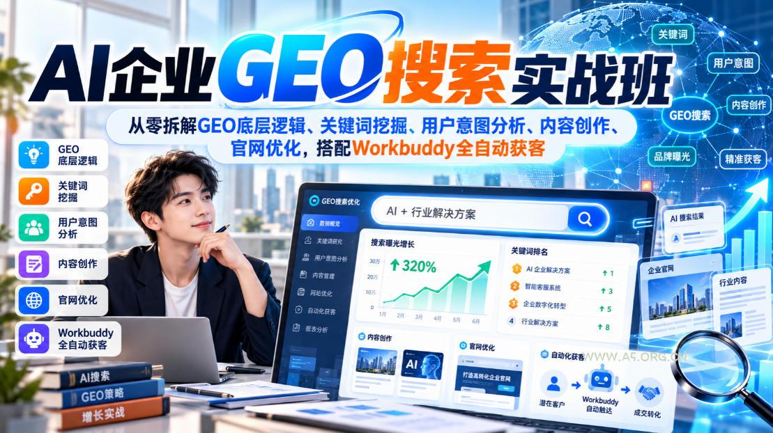 AI企业GEO搜索实战班,从零拆解GEO底层逻辑、关键词挖掘、用户意图分析、内容创作、官网优化,搭配Workbuddy全自动获客 - 小红泡 AI企业GEO搜索实战班,从零拆解GEO底层逻辑、关键词挖掘、用户意图分析、内容创作、官网优化,搭配Workbuddy全自动获客