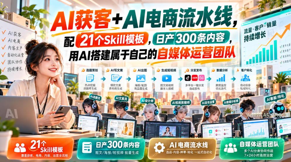 AI获客+AI电商流水线,配21个Skill模板,日产300条内容,用AI搭建属于自己的自媒体运营团队 - 小红泡 AI获客+AI电商流水线,配21个Skill模板,日产300条内容,用AI搭建属于自己的自媒体运营团队