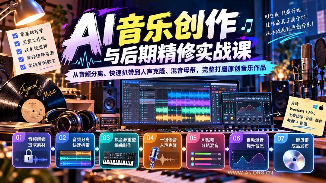 AI音乐创作与后期精修实战课:从音频分离、快速扒带到人声克隆、混音母带,完整打磨原创音乐作品 - 小红泡 AI音乐创作与后期精修实战课:从音频分离、快速扒带到人声克隆、混音母带,完整打磨原创音乐作品 - 小红泡