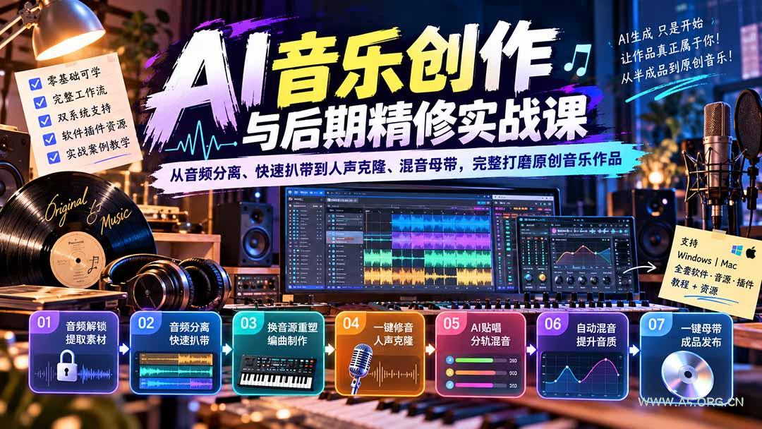 AI音乐创作与后期精修实战课：从音频分离、快速扒带到人声克隆、混音母带，完整打磨原创音乐作品 - 小红泡