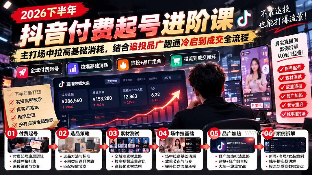 2026下半年抖音付费起号进阶课：主打场中拉高基础消耗，结合追投品广跑通冷启到成交全流程 - 小红泡